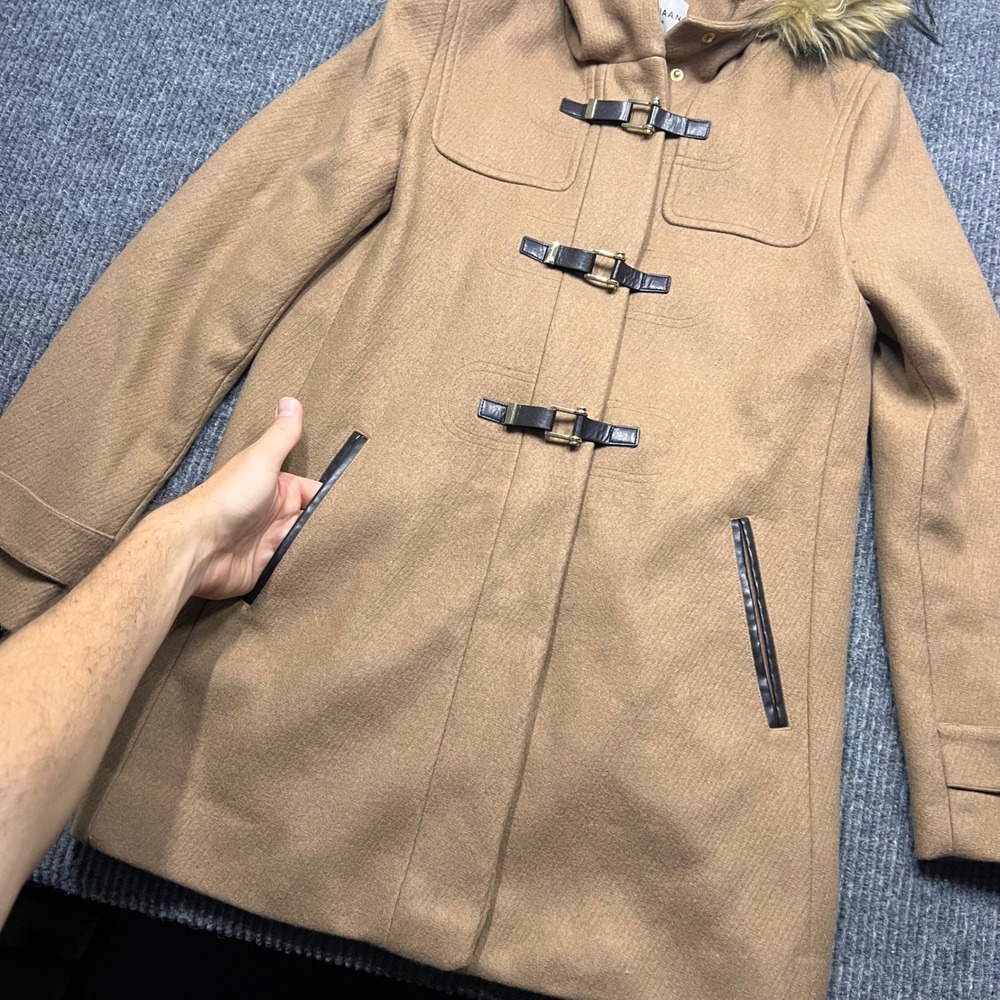 Cole Haan Signature Womens Camel Wool Blend Faux Fur Hood Toggle Coat Duffel 6 M - Picture 9 of 9